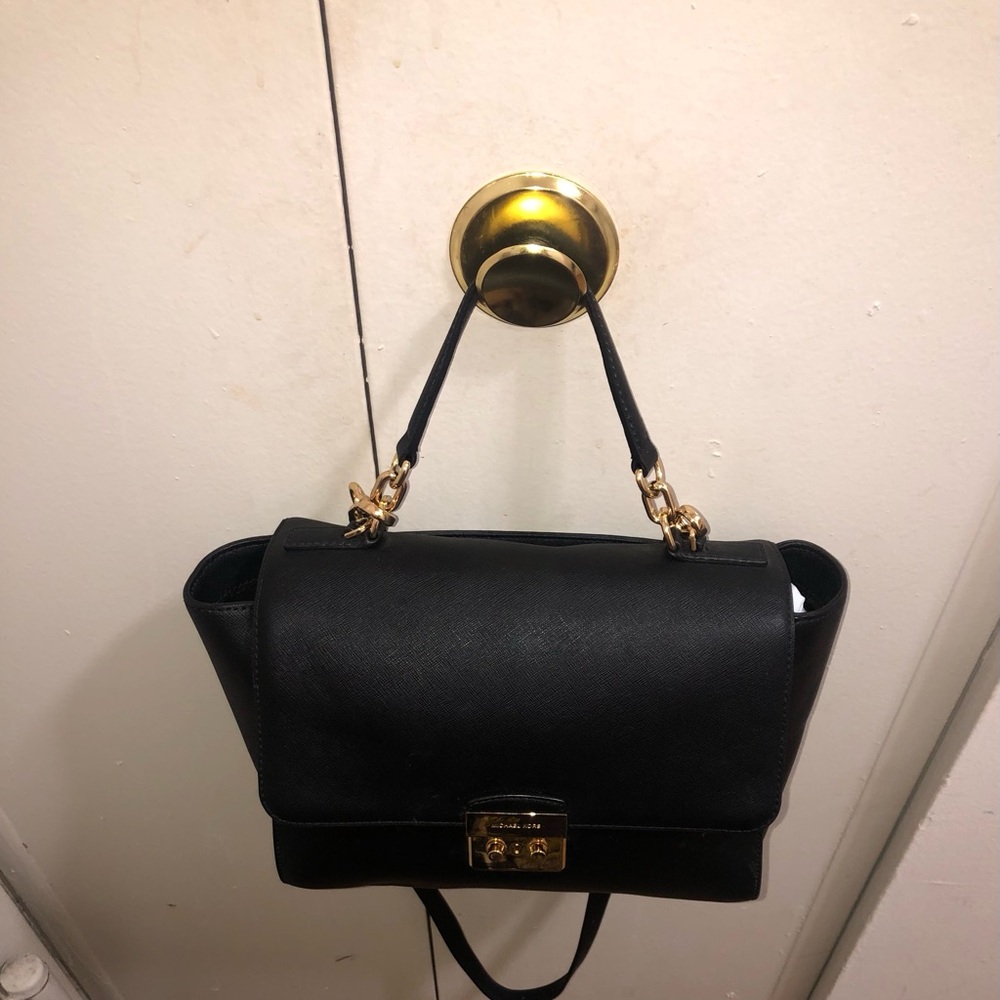 MICHAEL KORS Black Leather Top-Handle Satchel with Gold Hardware